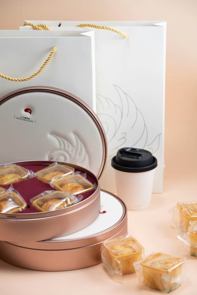 Coffee and pastries arranged in gift packaging