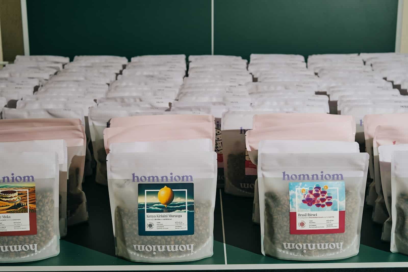 Bags of freshly roasted coffee lined up on a shelf
